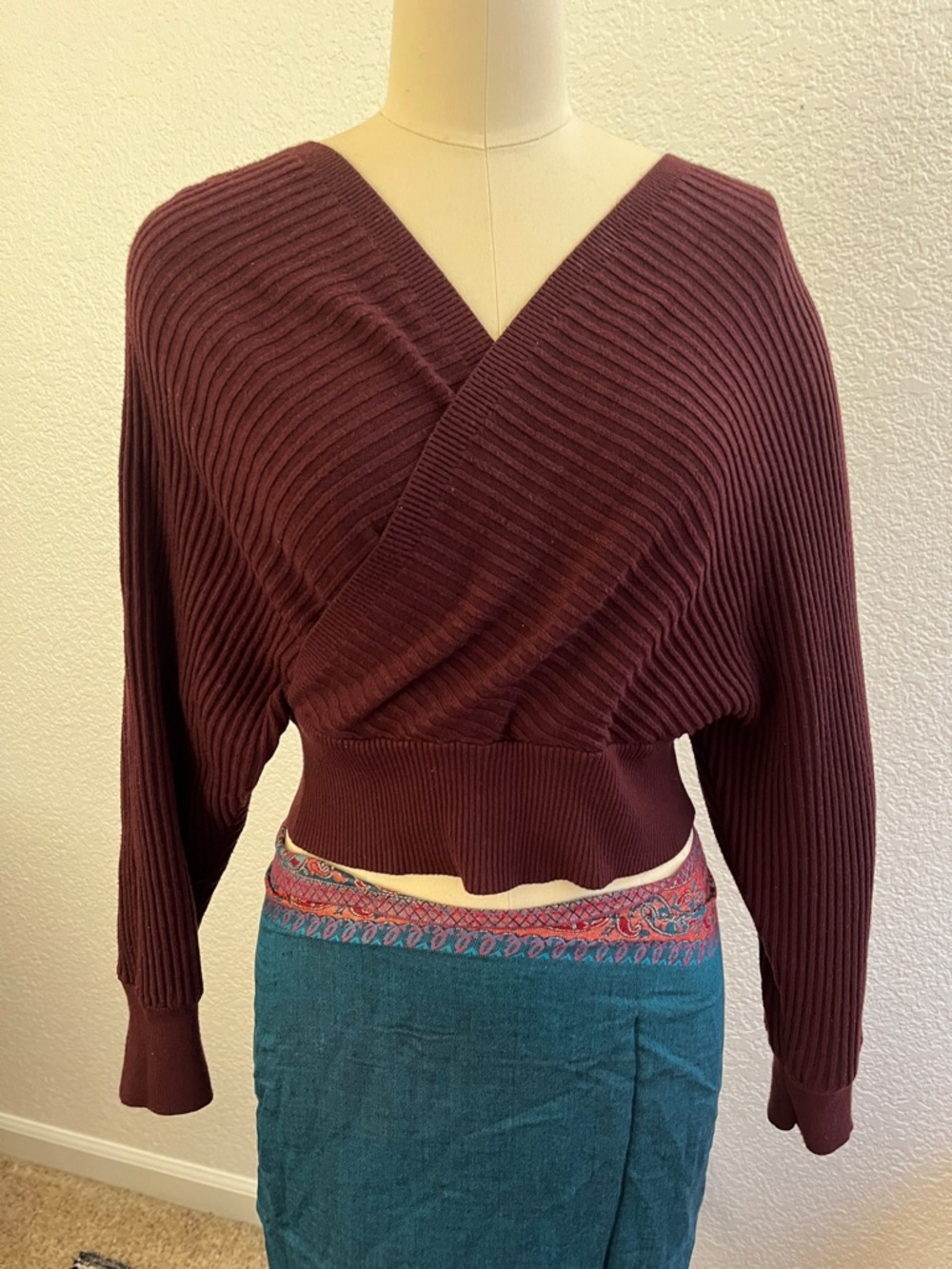 Windsor Ribbed Wrap V-Neck Sweater in Burgundy